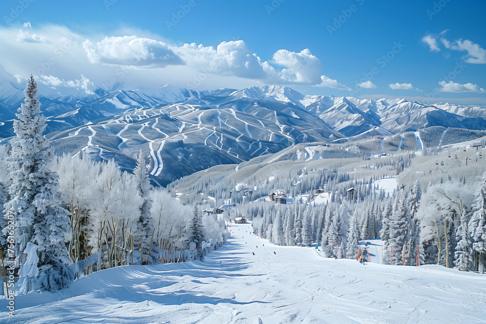 Wintertime mountain village and ski resort 