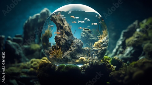 Panoramic view capturing the enchanting details of a hyper-realistic underwater gallery piece, mixing realism and fantasy inside a fishbowl with tilt blur and cinematic lighting.