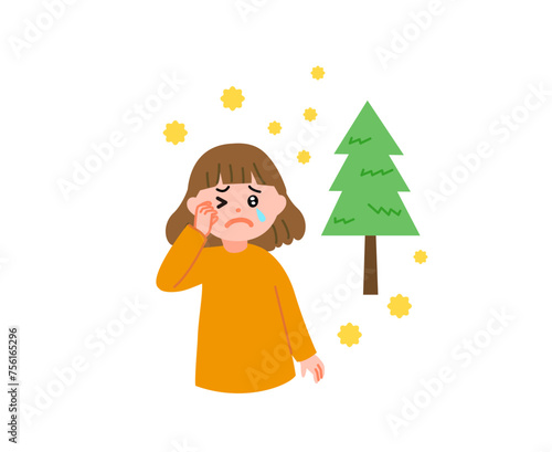 イラスト素材: 花粉症の女の子　目のかゆみ