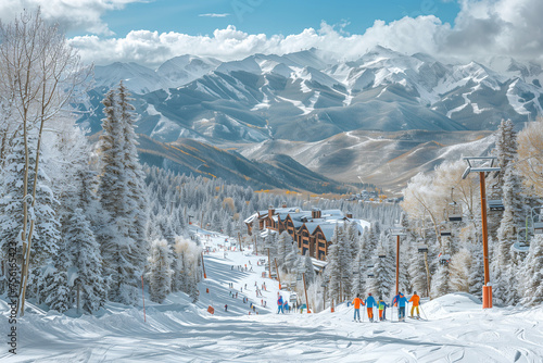 Wintertime mountain village and ski resort  photo