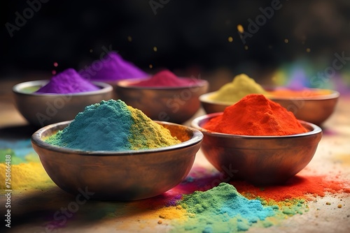 Realistic illustration of bowls with color powder for holi © Юлия Жигирь