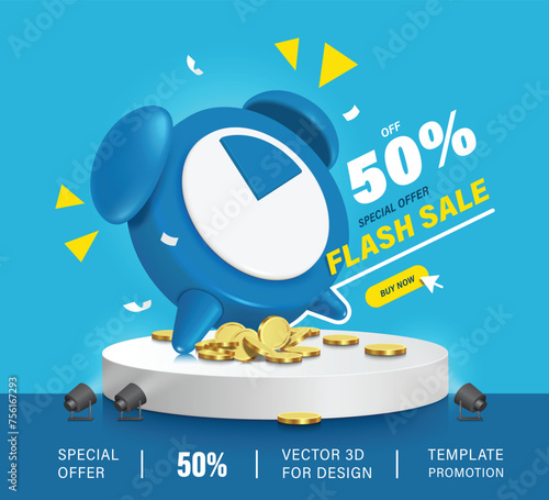 flash sale promotion ,blue alarm clock announces a limited time flash sale promotion of 50% off, and it's all on white round podium with spotlights shining on it, vector 3d for advertising design