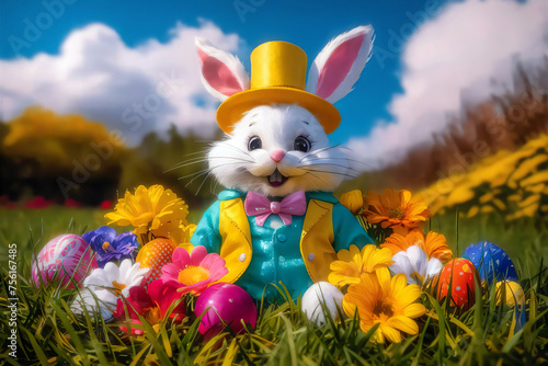 Easter bunny surrounded by vibrant flowers