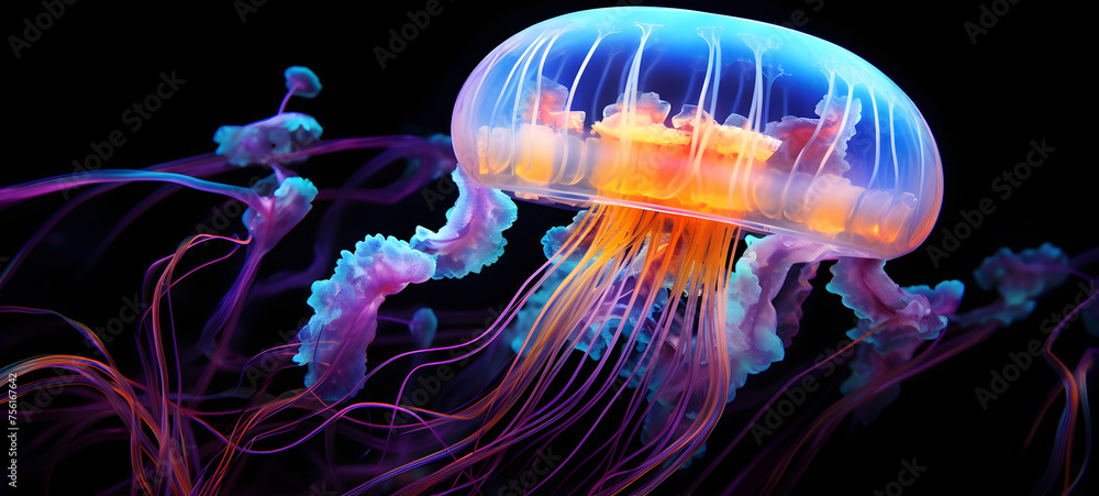 Obraz premium glowing jellyfish in the darkness of the deep sea, ai generative