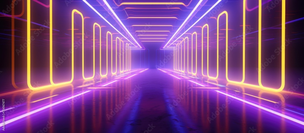 Fototapeta premium Abstract interior with glowing neon tubes in yellow and violet colors.