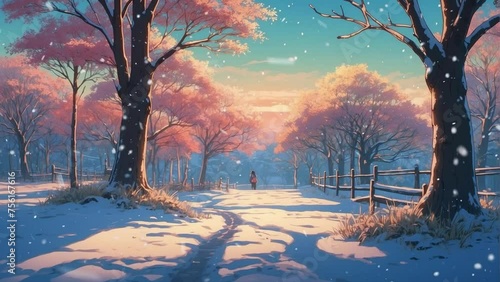 Amidst a wintry landscape, solitary trees stand like silent guardians, their bare branches weaving secrets in the soft embrace of snow. This enchanting Ghibli-style scene invites viewers into a world  photo