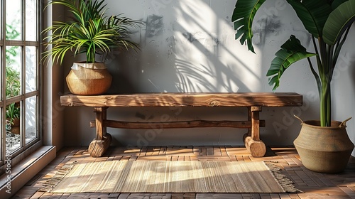 wooden bench against gray wall Minimal home interior design Decorated with air purifying plants © PT
