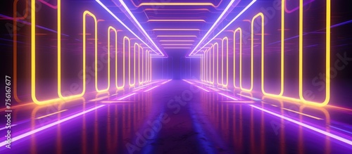 Abstract interior with glowing neon tubes in yellow and violet colors.