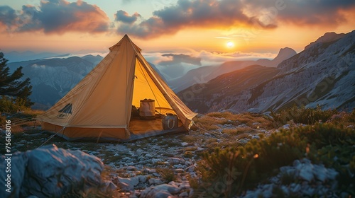 Picture of a comfortable tent The door opens to a beautiful mountain sea view at sunrise, warm light.