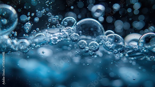 Close-up of bubbles air in underwater floating up to water surface. on black background.