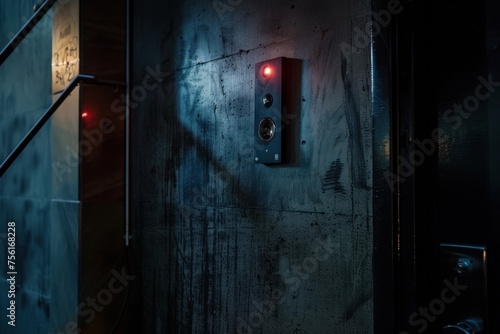 Entrance doorbell in a multi-apartment building, with a video surveillance camera, on a dark wall, Generative AI © The Picture House
