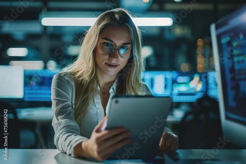 Young successful businesswoman at workplace is satisfied with results of achievement at work smiling and using tablet computer, blonde programmer is testing new software in application, Generative AI