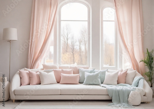 White cushions on white sofa against of window. Scandinavian style interior design of modern minimalist living room. Generative AI