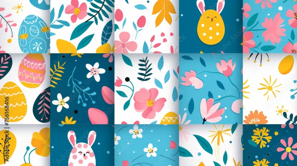 An easter egg, flower, foliage, and paw design in the spring season. This seamless pattern is perfect for prints, wallpaper, covers, packaging, ads, and children's projects. An easter egg, flower, foliage, and paw design in the spring season. This seamless pattern is perfect for prints, wallpaper, covers, packaging, ads, and children's projects.