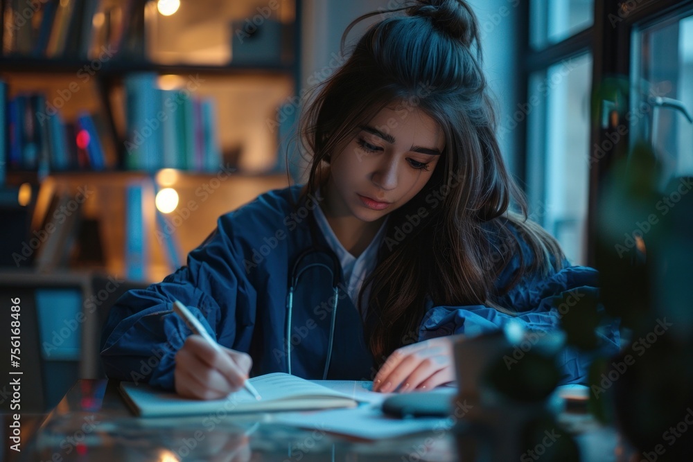 Online training. Young beautiful Latin American girl student doctor studies, takes exam online remotely at home from laptop. Sitting at the table in a notebook, Generative AI