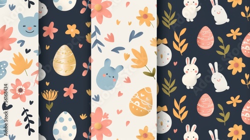Set of seamless Easter pattern moderns with Easter eggs, flowers, rabbits. Spring season repeated in fabrics for prints, wallpapers, covers, packaging, kids, ads, etc.
