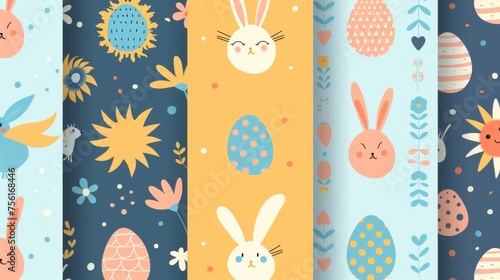 Happy Easter seamless pattern modern. Set of square covers with easter egg, flower, rabbit, sun. Spring season repeated in fabric pattern for prints, wallpaper, covers, packages, kids, ads.
