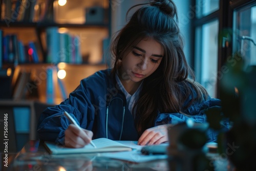 Online training. Young beautiful Latin American girl student doctor studies, takes exam online remotely at home from laptop. Sitting at the table in a notebook, Generative AI