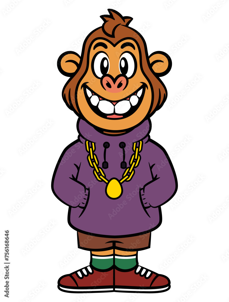 Obraz premium Cool Little Monkey cartoon characters wearing branded urbanwear like gold chain necklace, hoodie jacket, fancy short pants, and sneakers. Best for sticker, logo, and mascot with fashion themes