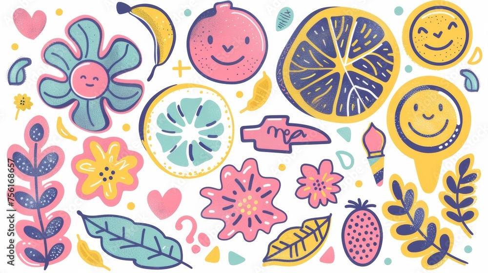 This modern set includes funky groovy characters, doodle smile faces, leaves, lemons, flowers, speech bubbles. Cute retro hippie design that would go great with decorative, sticker, kids, and clipart This modern set includes funky groovy characters, doodle smile faces, leaves, lemons, flowers, speech bubbles. Cute retro hippie design that would go great with decorative, sticker, kids, and clipart