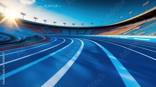 blue race stadium and running track curve detail for outdoor athletics sport, AI GENERATED photo