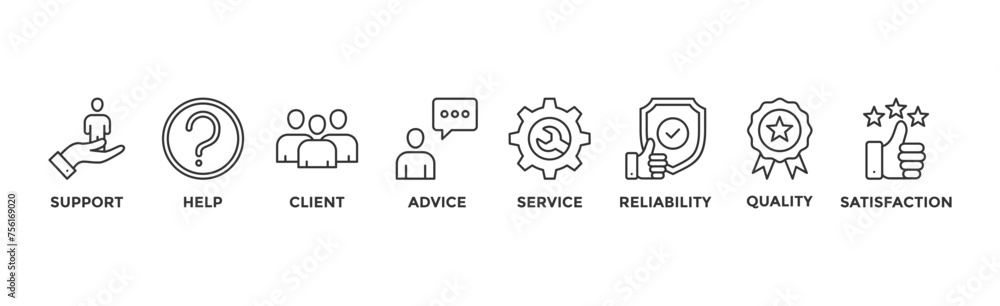 Customer care banner web icon illustration concept for customer support and telemarketing service with an icon of help, client, advice, chat, service, reliability, quality, and satisfaction Customer care banner web icon illustration concept for customer support and telemarketing service with an icon of help, client, advice, chat, service, reliability, quality, and satisfaction