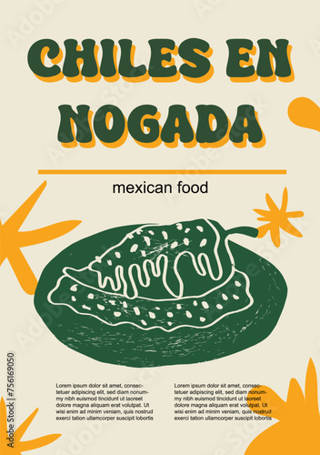 Mexican food set vector illustration. Engraved chiles en nogada, bundle of traditional dishes, homemade and restaurant dinner dishes and sauces cooking in cuisine of Mexico