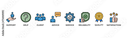Customer care banner web icon illustration concept for customer support and telemarketing service with an icon of help, client, advice, chat, service, reliability, quality, and satisfaction	
