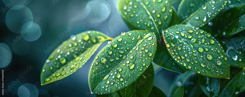 In a macro shot, the refreshing essence of dew drops resting on vibrant green leaves is captured, with a bokeh background adding depth. In a macro shot, the refreshing essence of dew drops resting on vibrant green leaves is captured, with a bokeh background adding depth.