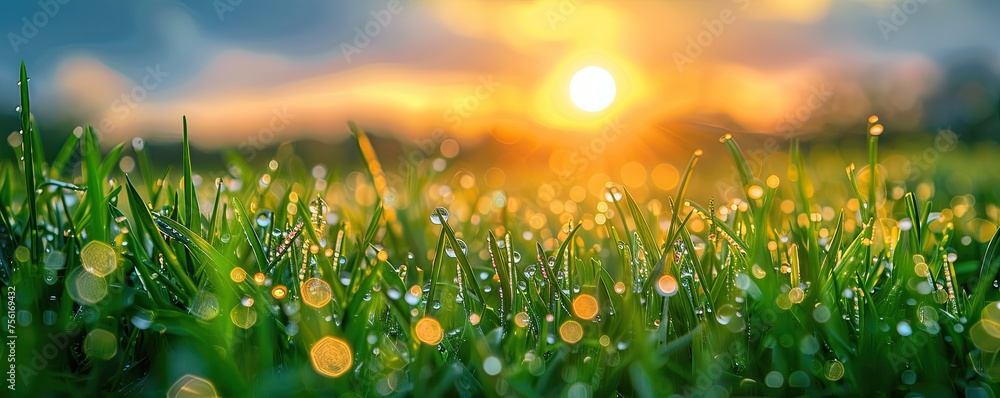 The warm glow of sunrise illuminates dew-covered grass, creating a sparkling and refreshing early morning scene.