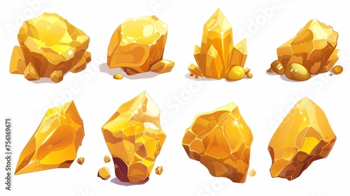 The golden nugget is a fictional design asset for the game UI. Cartoon modern illustration of shiny yellow stones. Gui assets of raw golden crystals. Expensive raw materials gem pieces.