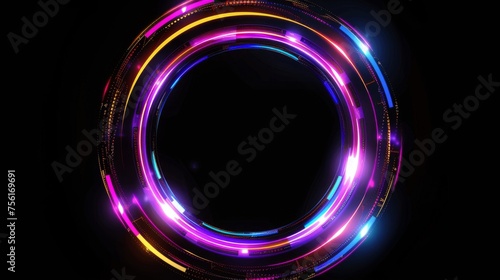 The neon circle frame with glitch effect is shown on a black background. Realistic modern illustration of the ring border with digital light glitch in the center. Round luminous shape with video lag
