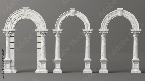 A set of antique marble arches isolated over a transparent background. Modern illustration of ancient roman and greek design elements, archway decoration for a classic palace.
