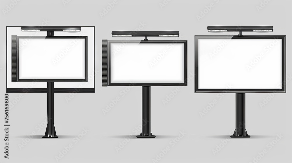 3D mock-ups of rectangular wall lightboards and blank white screens in frames of black metal or plastic isolated on transparent backgrounds. 3D mock-ups of rectangular wall lightboards and blank white screens in frames of black metal or plastic isolated on transparent backgrounds.