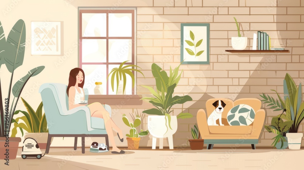 Animal friendly cafe with furniture and equipment. Cartoon women with pets rest in cafeteria. Feeding bowls, bed and toys for domestic animals in public places. Animal friendly cafe with furniture and equipment. Cartoon women with pets rest in cafeteria. Feeding bowls, bed and toys for domestic animals in public places.