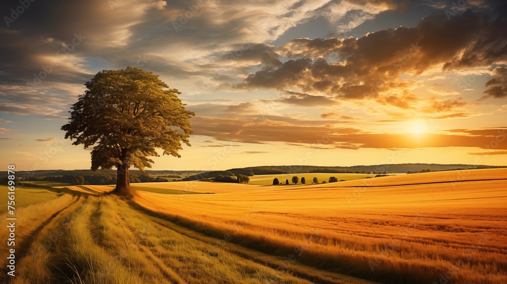 Beautiful summer landscape with a field and a tree against the sky