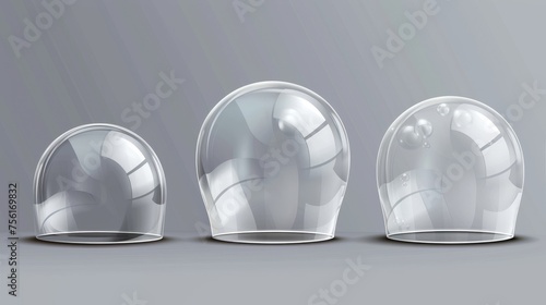 Transparent transparent hemisphere cover. Realistic modern depiction of glossy plastic bubble shield in cylinder and ball shapes. Empty plexiglass jar container. Empty crystal stand.