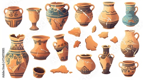 Antique pottery products damaged by cracks decorated with traditional Greek patterns. Cartoon modern illustration set of crashed antique ceramic and terracotta handicraft tableware.