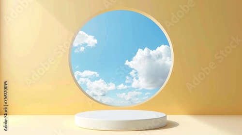 Realistic modern simple minimal cylinder platform for goods or winner display standing under arch window hole in pastel yellow wall. Blue sky with clouds on background.