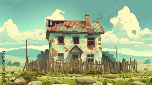 Broken old abandoned house with a damaged fence on a green background. Cartoon modern illustration of a dilapidated house with cracked windows boarded up with wooden planks, destroyed walls, and a photo