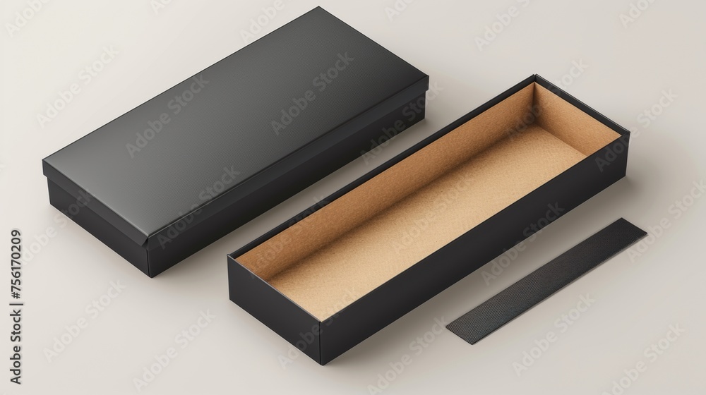 A mockup of an open slide box. A modern illustration set of a black blank carton package with sleeve. A mockup of an empty drawer form a box for the postage of goods. A mockup of an open slide box. A modern illustration set of a black blank carton package with sleeve. A mockup of an empty drawer form a box for the postage of goods.