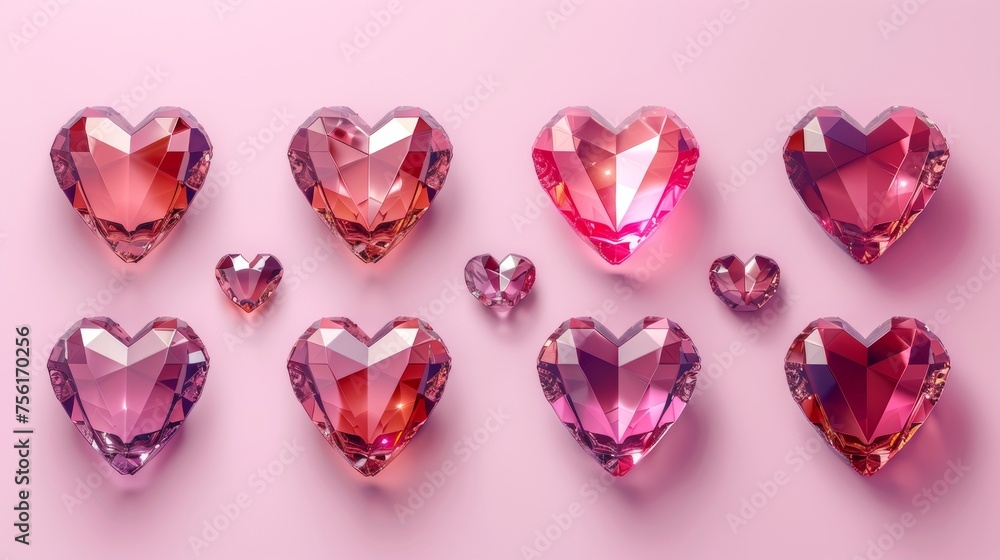 Glass heart crystals isolated on pink background. Realistic modern illustration of a red love symbol with glossy surface and shimmering mist. Valentine's Day decoration.
