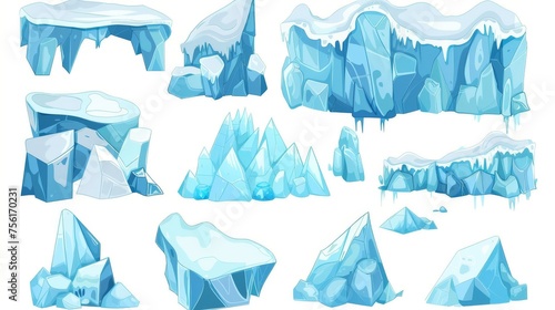 This cartoon modern illustration set of blue ice and snow glacier mountain cubes is suitable for northern pole landscapes. Arctic frozen crystal water block is a playful design element.