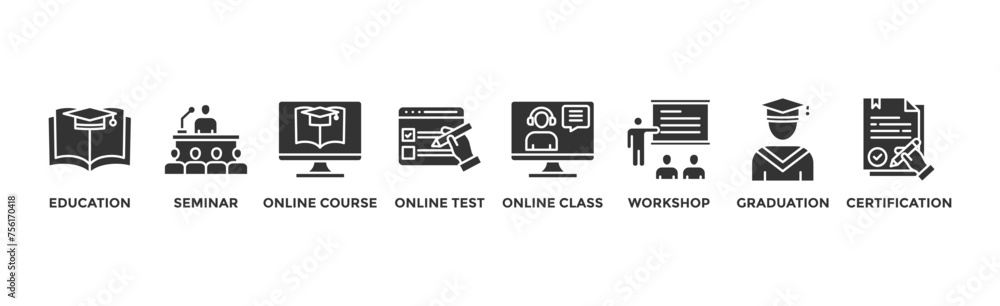 Online training banner web icon illustration concept with icon of education, seminar, online course, online test, online class, workshop, graduation, certification Online training banner web icon illustration concept with icon of education, seminar, online course, online test, online class, workshop, graduation, certification