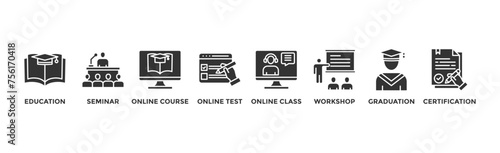 Online training banner web icon illustration concept with icon of education, seminar, online course, online test, online class, workshop, graduation, certification	