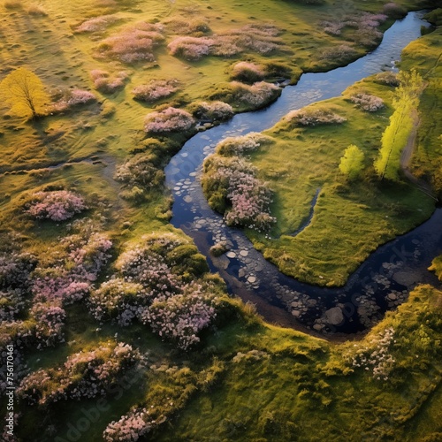 Drone arial photo, topdoen of pond in rainforest with mist and warm light