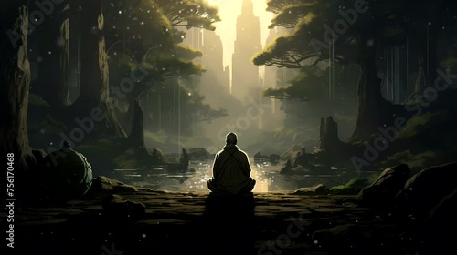 A silhouette hermit meditating with their back to the camera, deep in the forest. Fantasy landscape anime or cartoon style, looping 4k video animation background photo