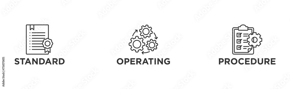 SOP banner web icon vector illustration concept for the standard operating procedure with an icon of instruction, quality, manual, process, operation, sequence, workflow, iteration, and puzzle SOP banner web icon vector illustration concept for the standard operating procedure with an icon of instruction, quality, manual, process, operation, sequence, workflow, iteration, and puzzle