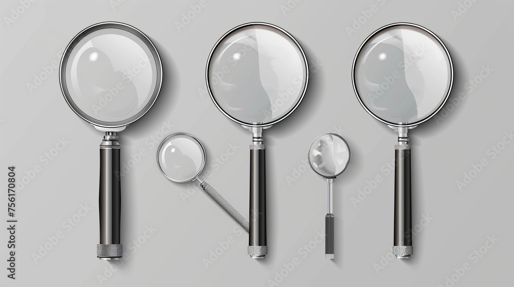Set of realistic modern metal loupes equipped with a plastic handle and transparent enlarge lens for focusing and magnifying glass. Optical equipment for magnification and zooming... Set of realistic modern metal loupes equipped with a plastic handle and transparent enlarge lens for focusing and magnifying glass. Optical equipment for magnification and zooming...