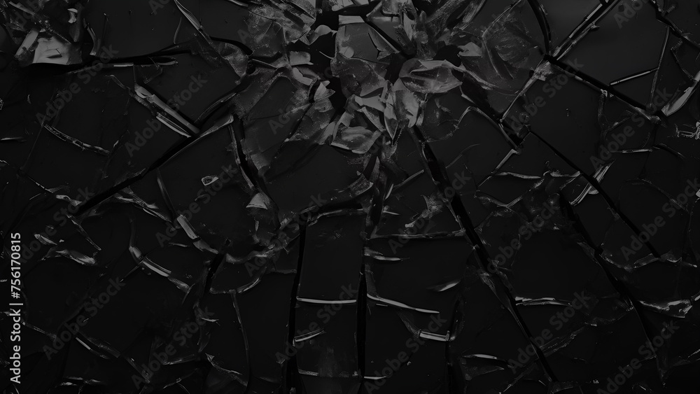 Broken glass on black background, Broken glass texture, broken window glass with a hole from gun shot. Street violence. Broken windows theory. Visible signs of crime, glass crack damage texture art - obrazy, fototapety, plakaty 